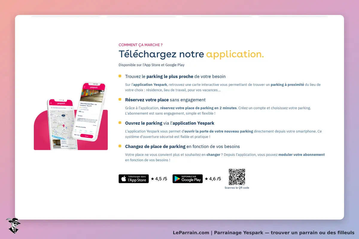 Yespark : page d'accueil présentant l'application et ses fonctionnalités de réservation de parking