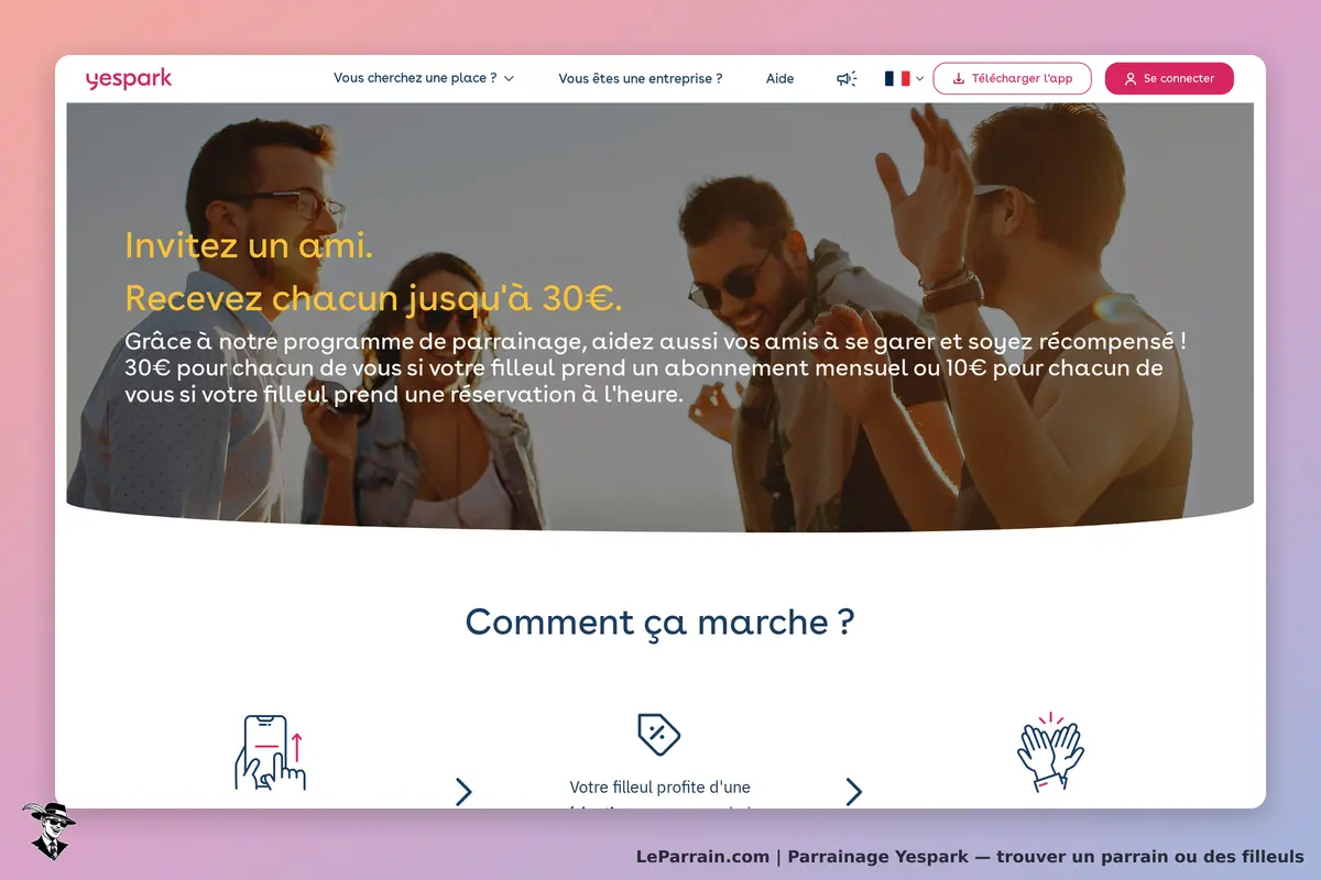 Yespark : page d'accueil avec des personnes souriantes et un texte sur le parrainage