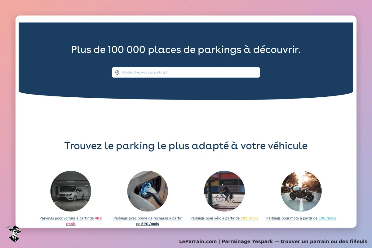 Yespark : page d'accueil avec un formulaire de recherche et des images de parkings divers