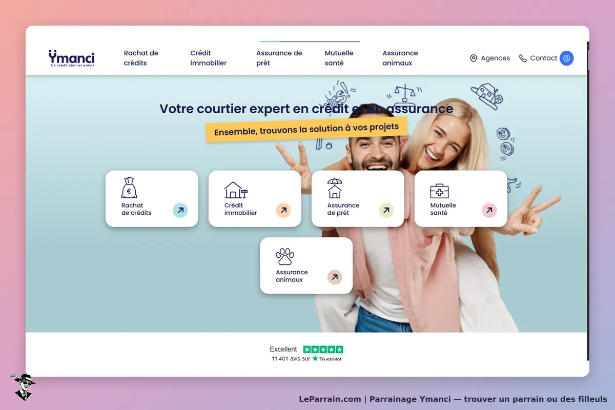 Ymanci : page d'accueil avec services de crédit et assurance, photo de couple souriant