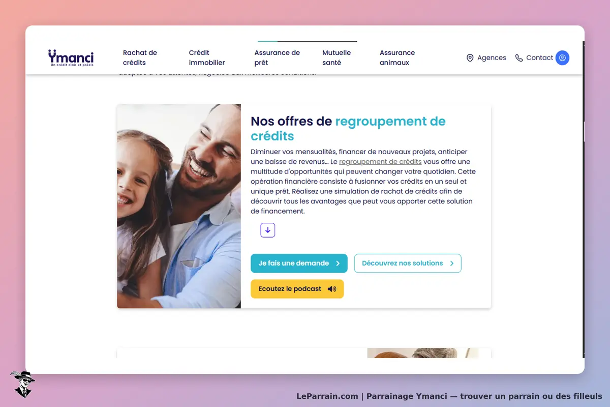 Ymanci : page d'accueil avec un père et sa fille, informations sur le regroupement de crédits