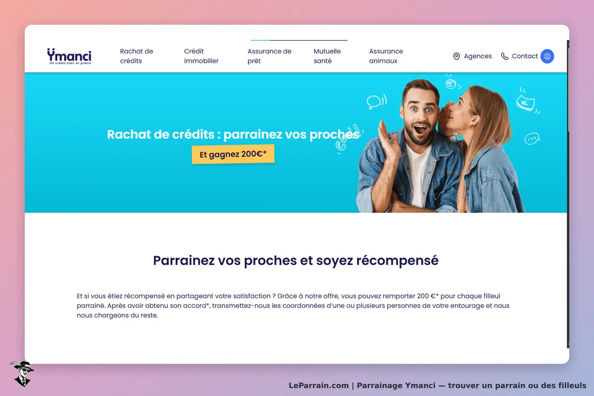 Ymanci : page d'accueil avec un couple souriant et un slogan sur le parrainage de proches