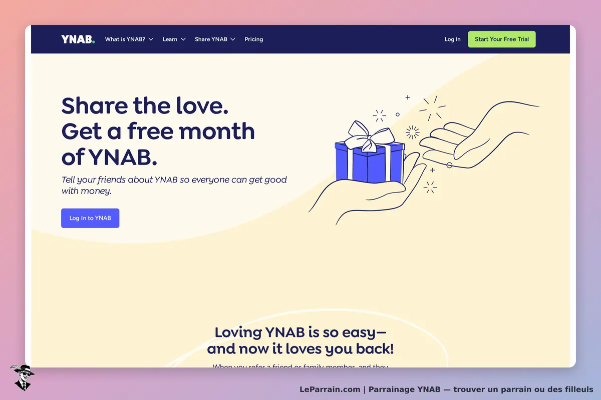 YNAB : page d'accueil avec un cadeau et un message sur le parrainage. Boutons de connexion visibles