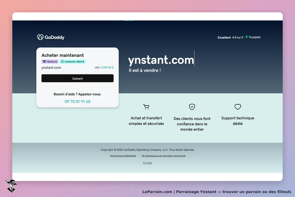 Ynstant : page d'accueil avec un domaine à vendre et options d'achat affichées