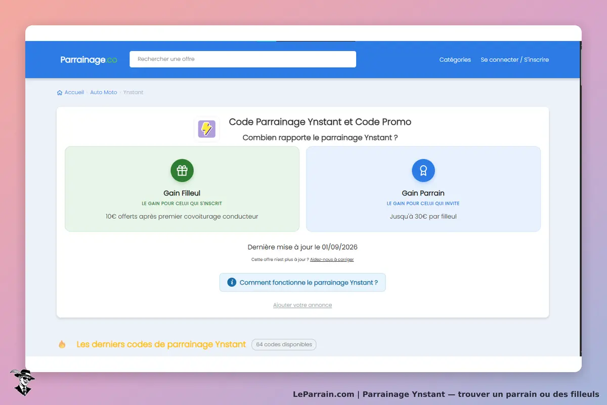 Parrainage.co : page d'accueil de Ynstant avec informations sur le parrainage et gains