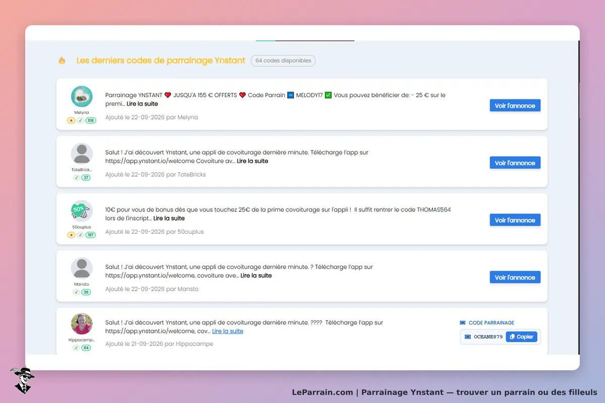 Ynstant : liste des derniers codes de parrainage avec noms d'utilisateurs et boutons d'action