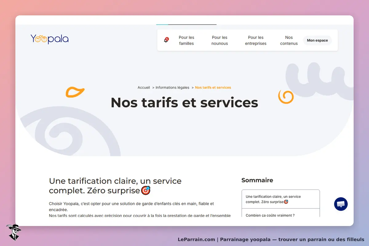 Yoopala : page présentant les tarifs et services avec un sommaire et un texte explicatif