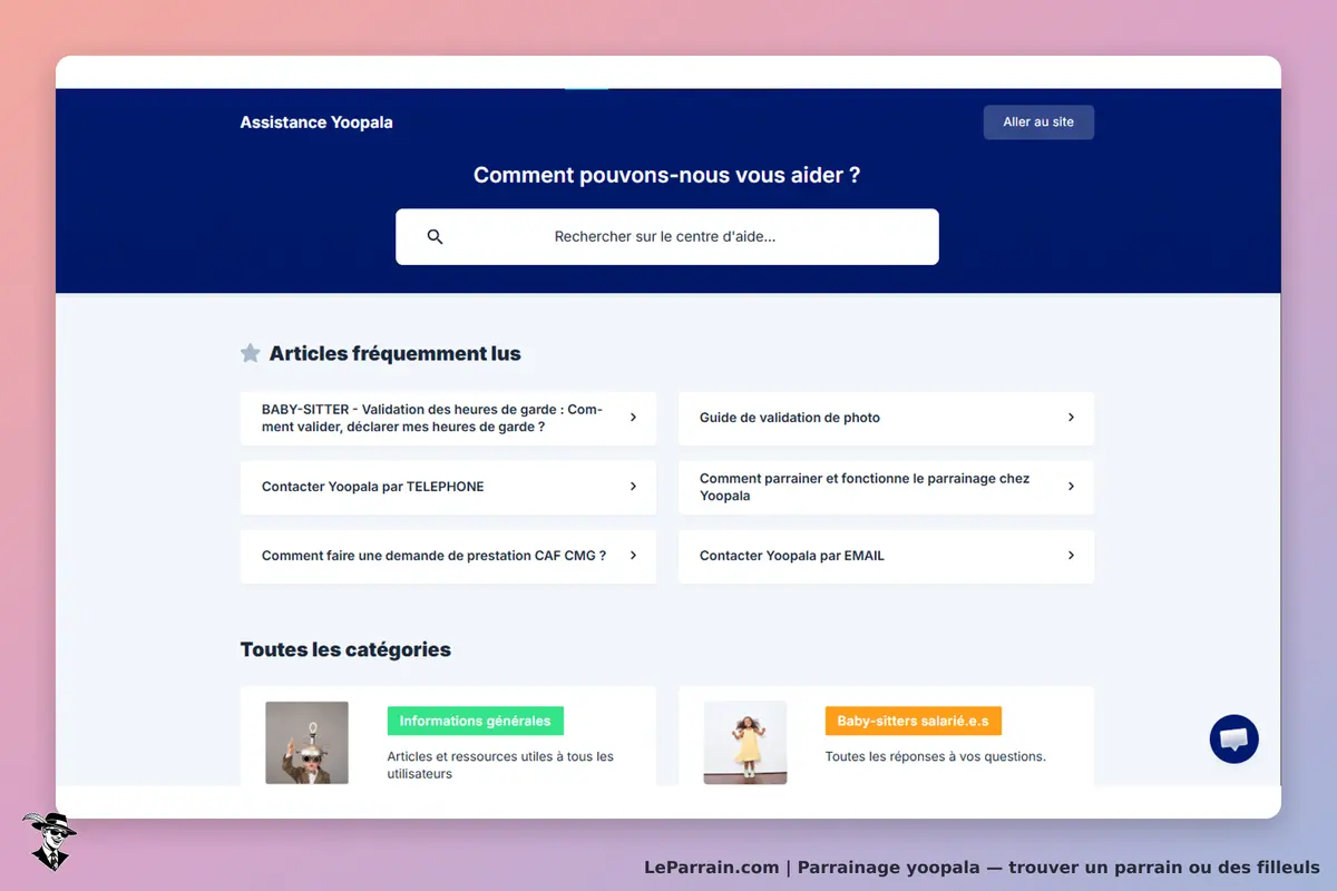 Yoopala : page d'assistance avec articles fréquemment lus et barre de recherche