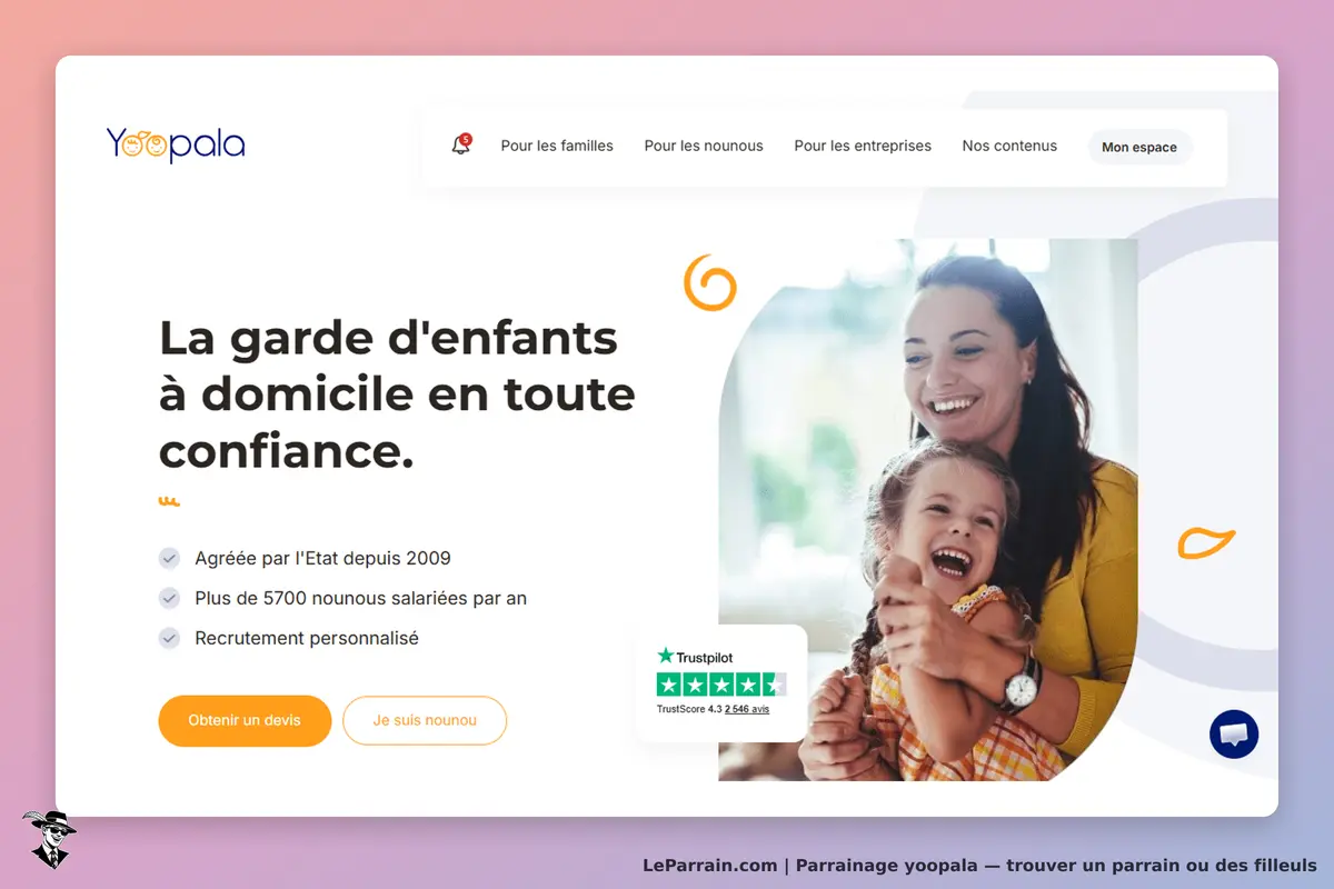 Yoopala : page d'accueil présentant la garde d'enfants à domicile avec une mère et sa fille