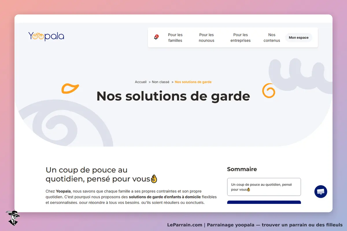 Yoopala : page d'accueil présentant les solutions de garde d'enfants et un résumé des services