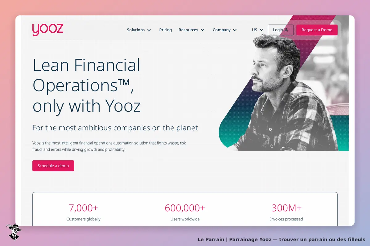 Yooz : page d'accueil présentant des solutions d'opérations financières, avec un homme pensif
