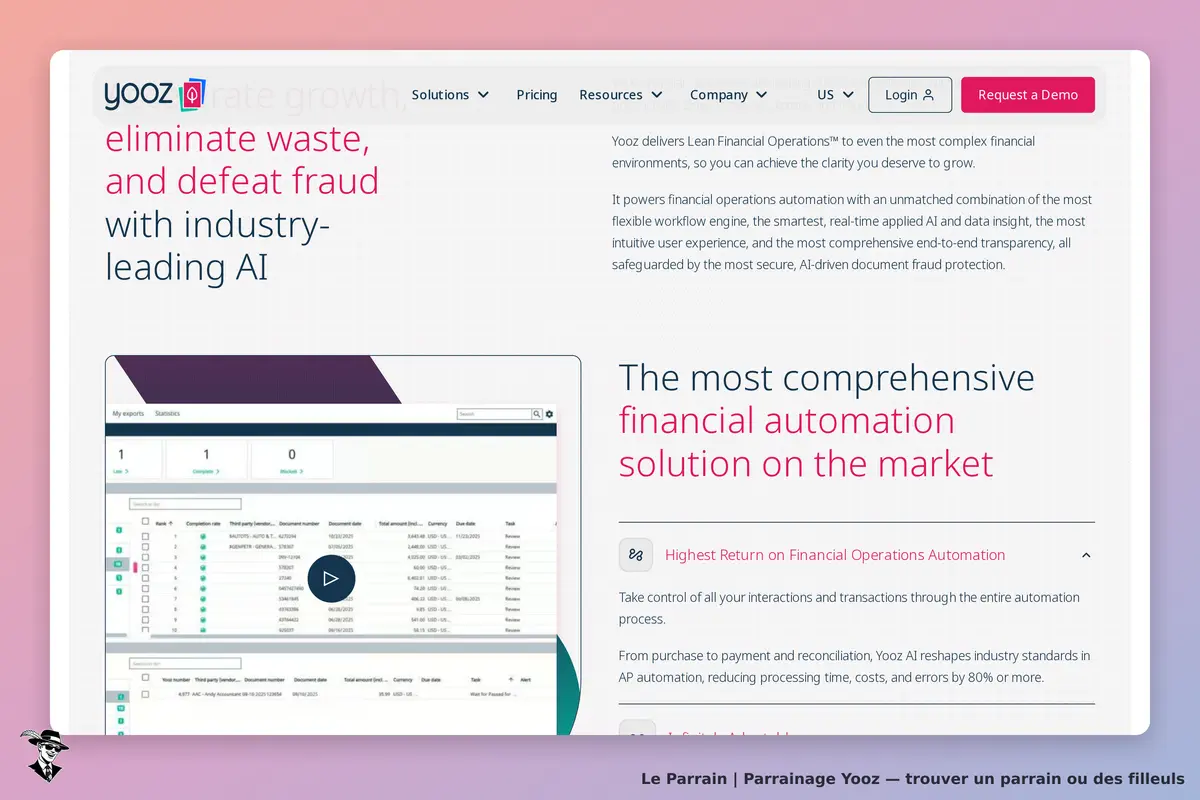 Yooz : page d'accueil présentant une solution d'automatisation financière avec tableau de données