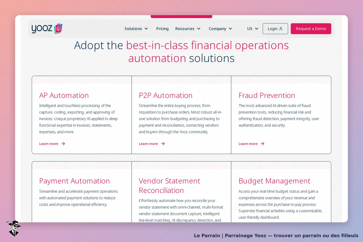 Yooz : page d'accueil présentant des solutions d'automatisation financière avec descriptions