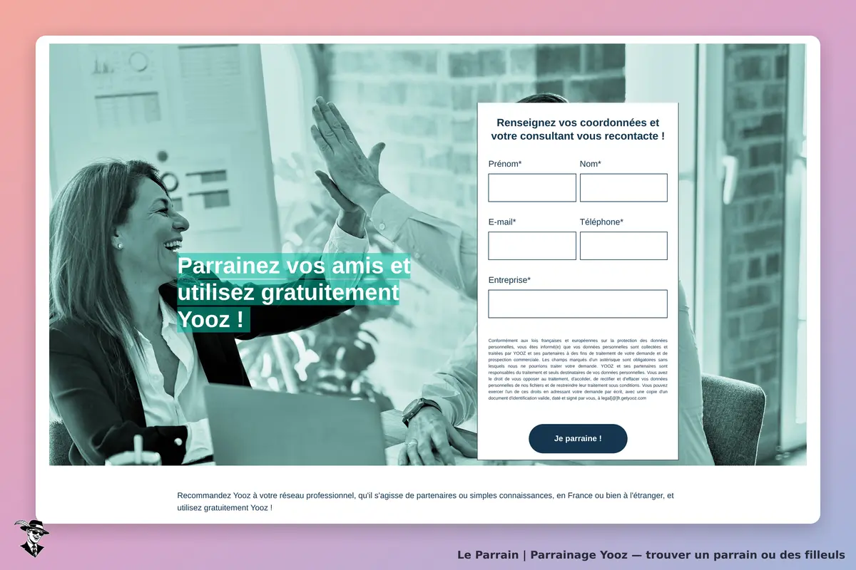 Yooz : formulaire de parrainage avec deux personnes se félicitant en arrière-plan
