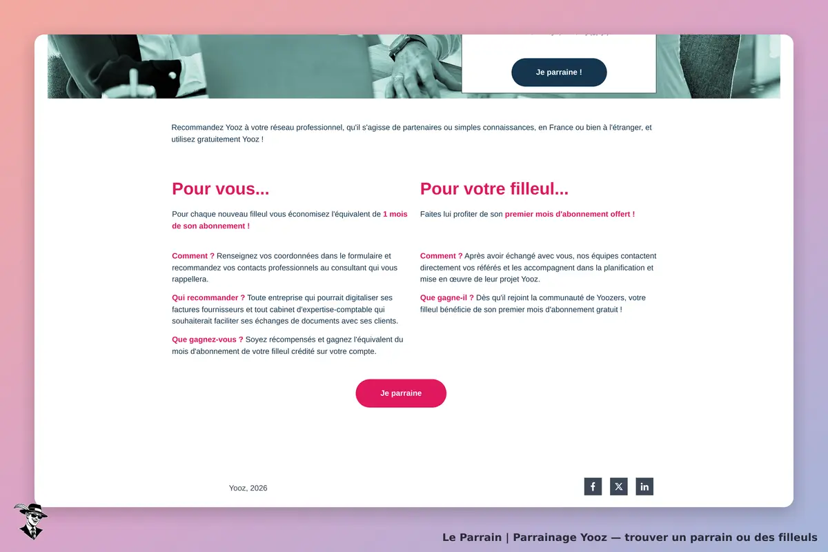 Yooz : section de parrainage avec explications pour le parrain et le filleul. Bouton "Je parraine !