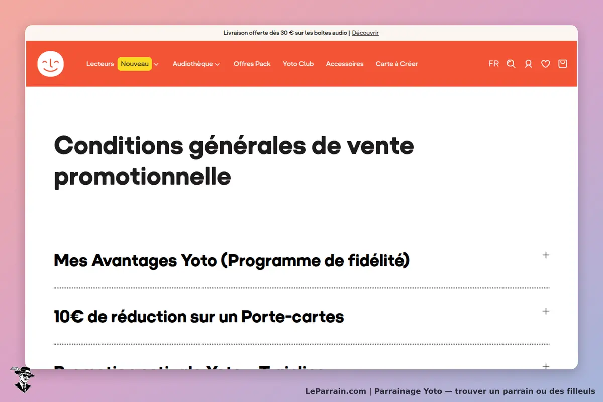 Yoto : conditions générales de vente promotionnelle sur la page d'accueil du site
