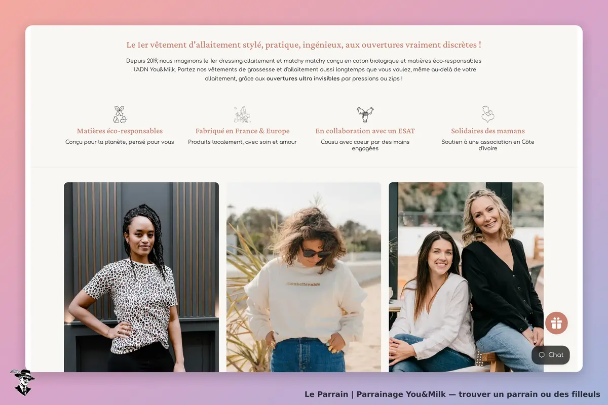 You&Milk : page d'accueil avec trois modèles portant des vêtements d'allaitement stylés