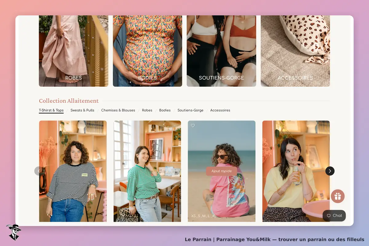 You&Milk : page d'accueil avec catégories de vêtements pour l'allaitement et photos de modèles