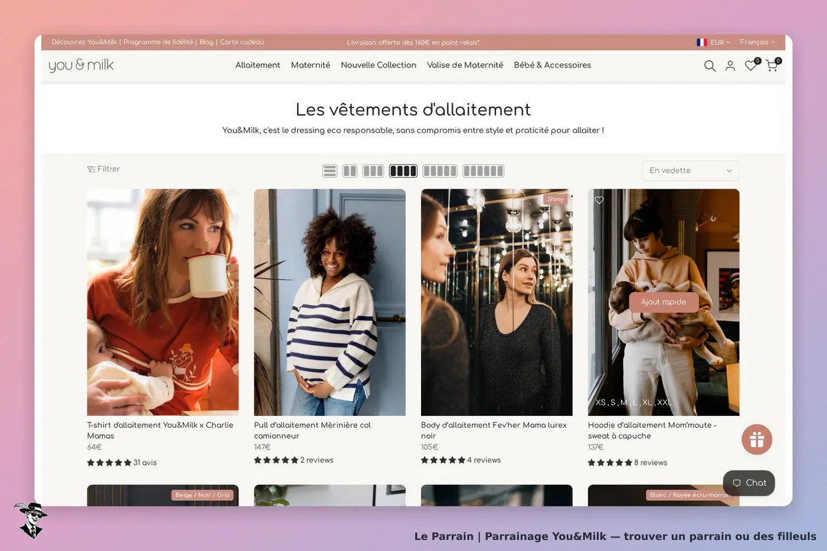 You&Milk : page catégorie avec divers vêtements d'allaitement et images de modèles