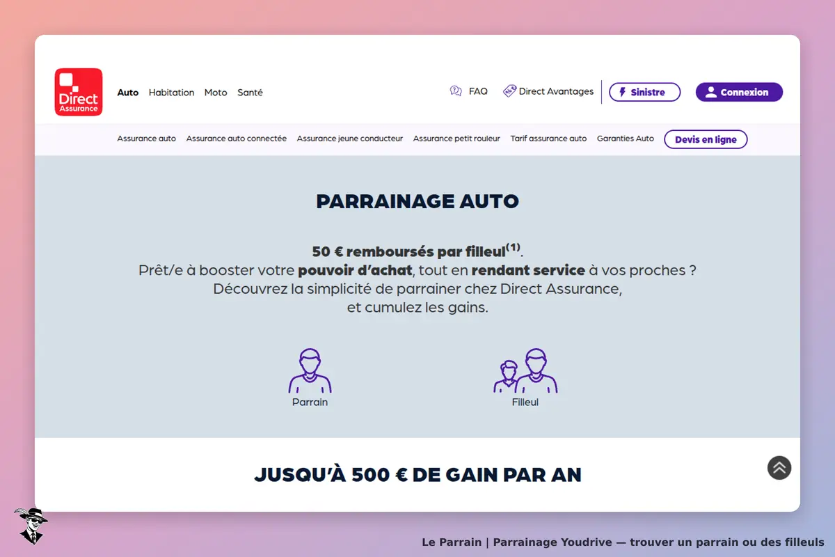 Youdrive : direct Assurance : page sur le parrainage auto avec illustrations de parrain et filleul