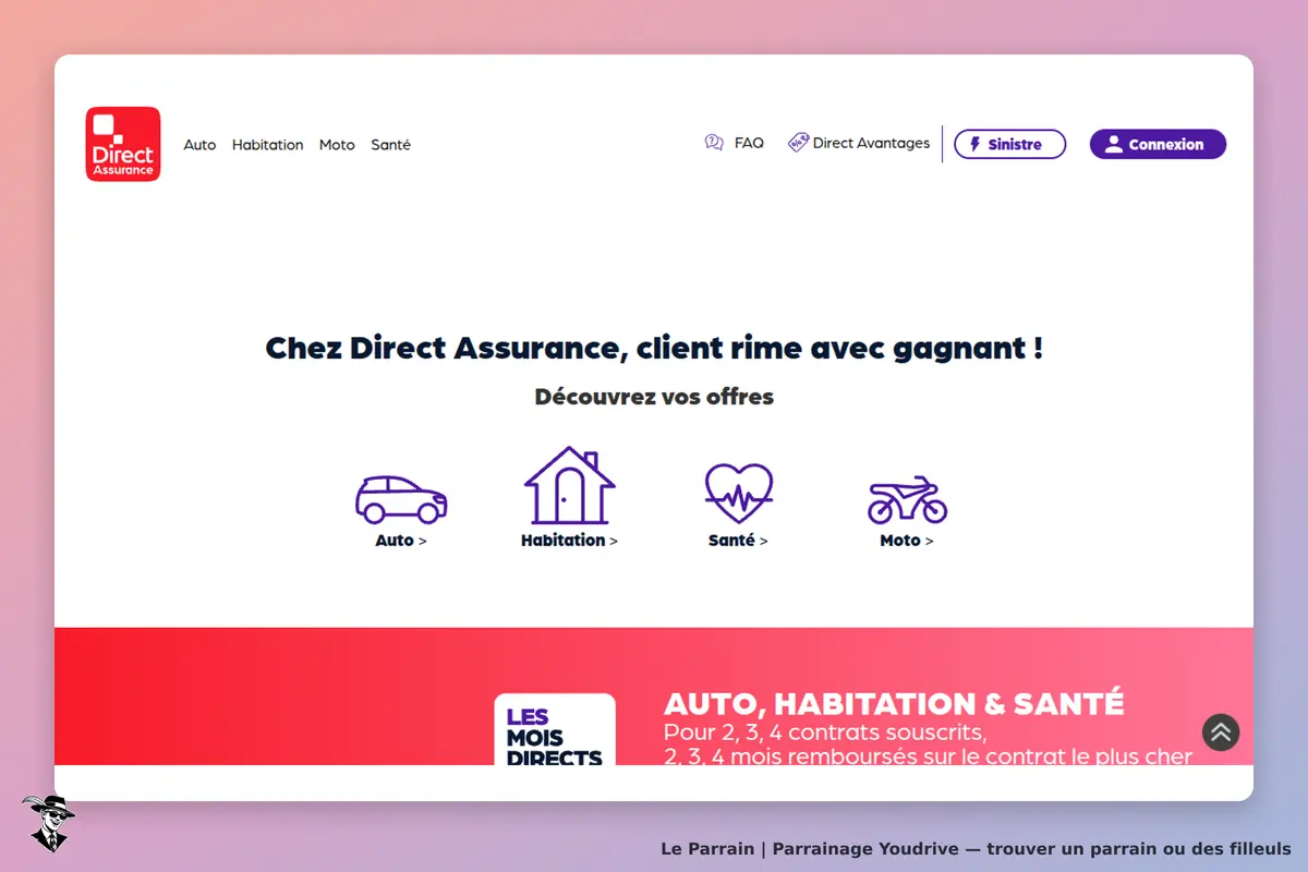 Youdrive : direct Assurance : page d'accueil avec options Auto, Habitation, Santé et Moto
