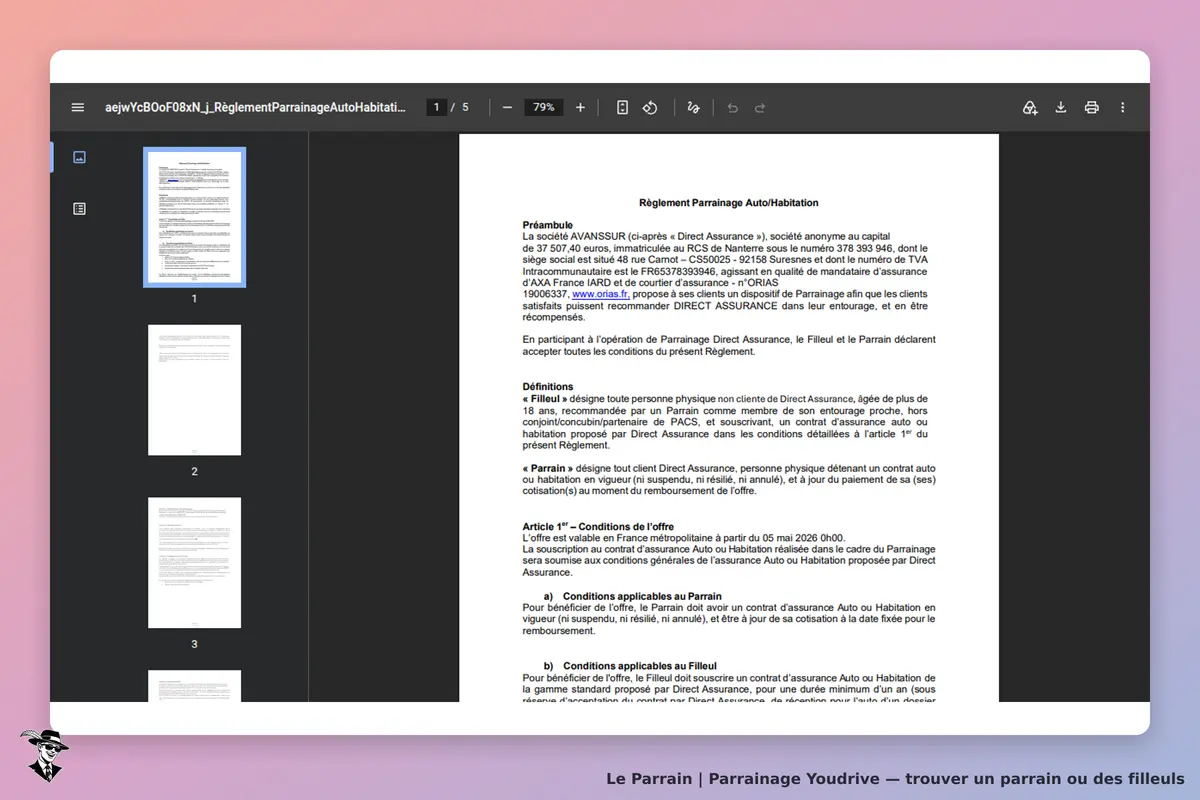 Youdrive : règlement de parrainage Auto/Habitation affiché sur un document PDF