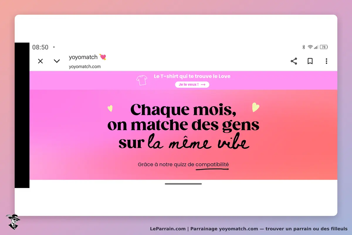 yoyomatch.com : yoyomatch : page d'accueil avec slogan sur le matching et un bouton d'action pour