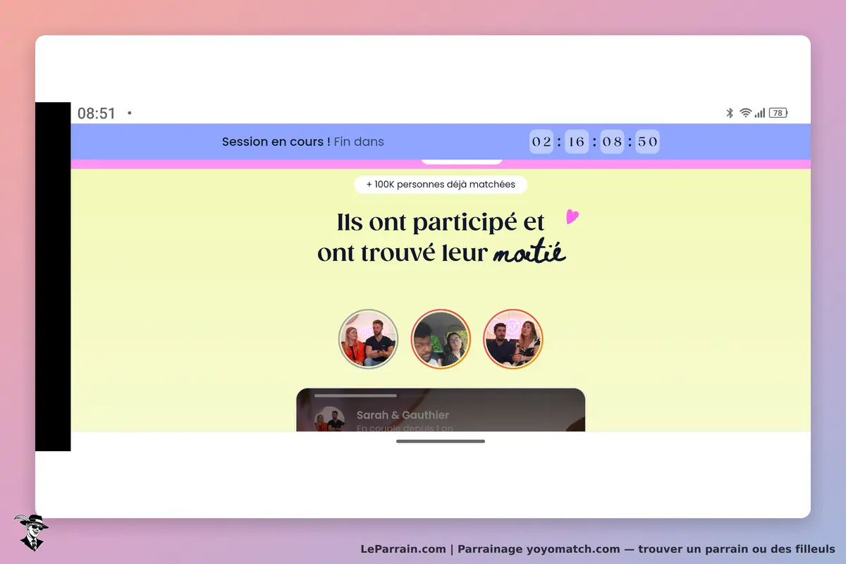 yoyomatch.com : yoyomatch : page d'accueil avec des participants et un compteur de session en cours