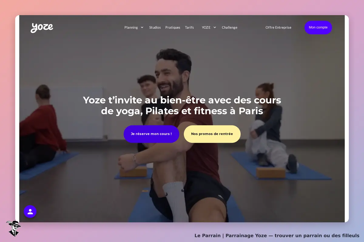 Yoze : page d'accueil avec cours de yoga et fitness, participants sur des tapis de yoga
