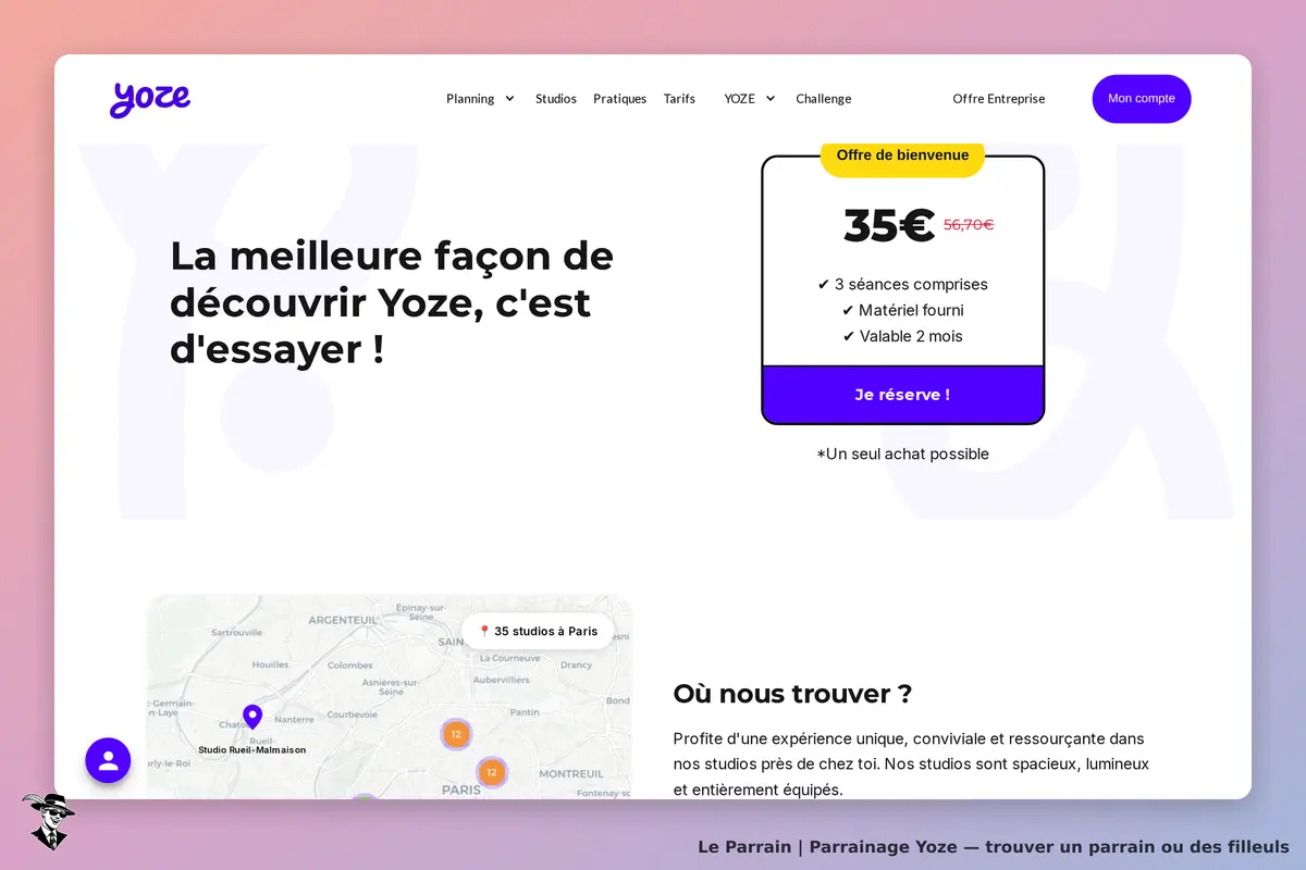 Yoze : page d'accueil présentant une offre de bienvenue et une carte des studios à Paris
