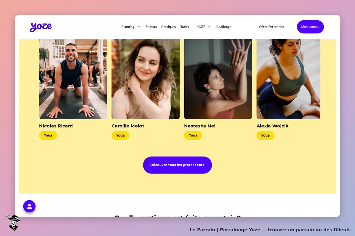 Yoze : page d'accueil avec des professeurs de yoga et un bouton pour découvrir tous les professeurs