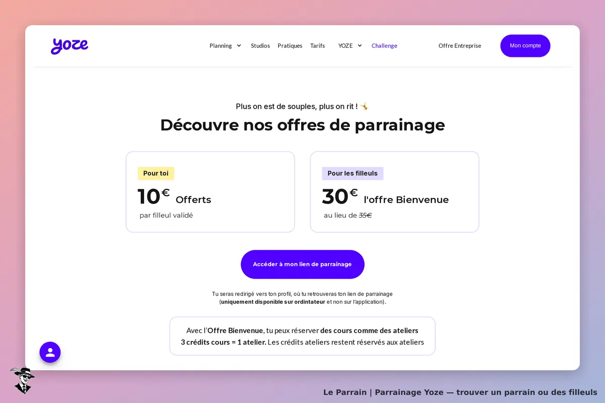 Yoze : page d'accueil avec offres de parrainage et boutons d'accès au compte