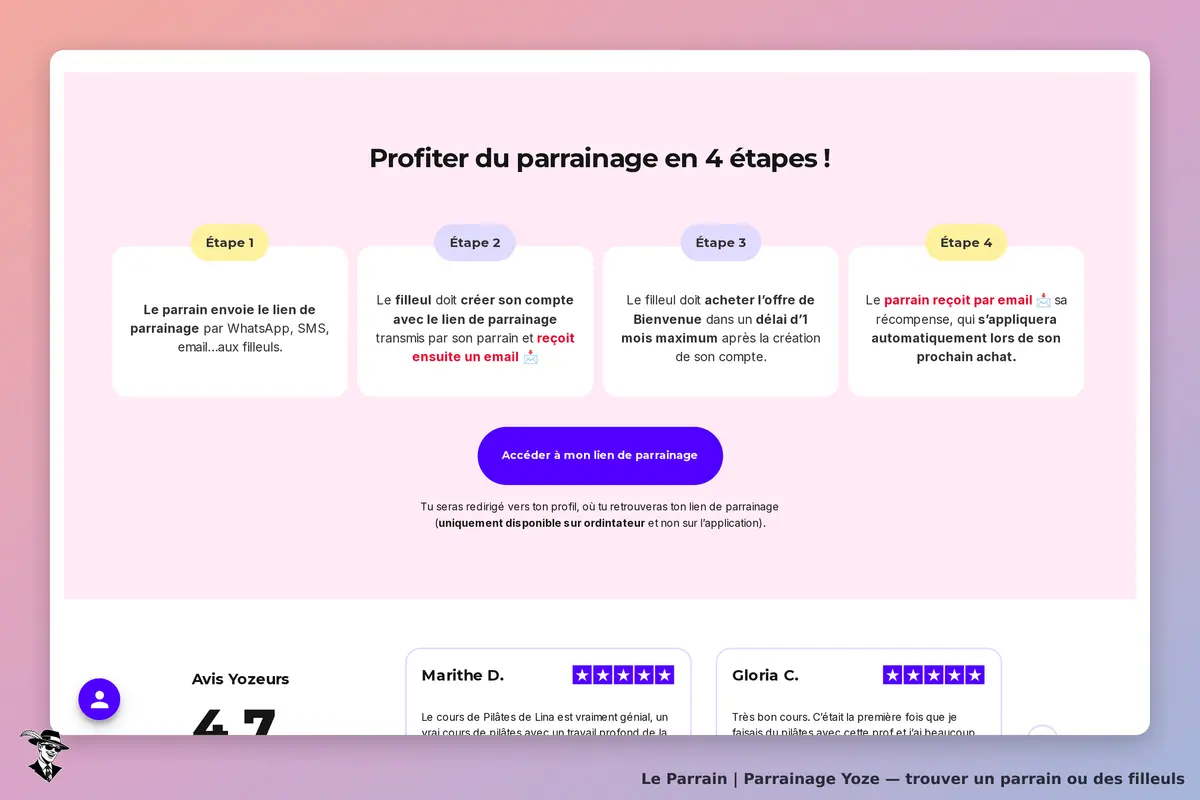 Yoze : étapes du parrainage avec descriptions et avis d'utilisateurs en bas de page