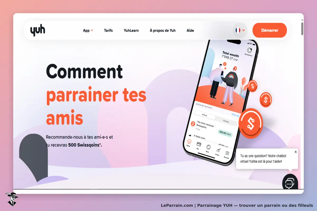 YUH : page d'accueil présentant un smartphone avec une interface et un message d'aide en bas à