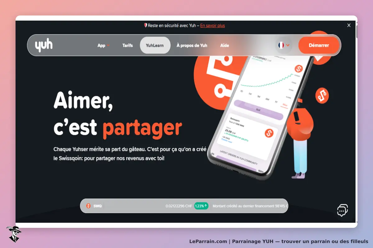 YUH : page d'accueil avec un smartphone affichant des graphiques et un message de partage
