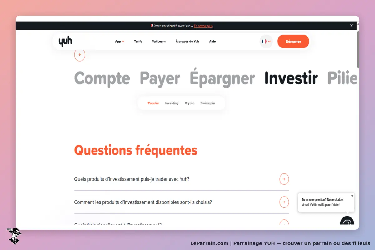 YUH : page d'accueil avec menu, sections et questions fréquentes sur l'investissement