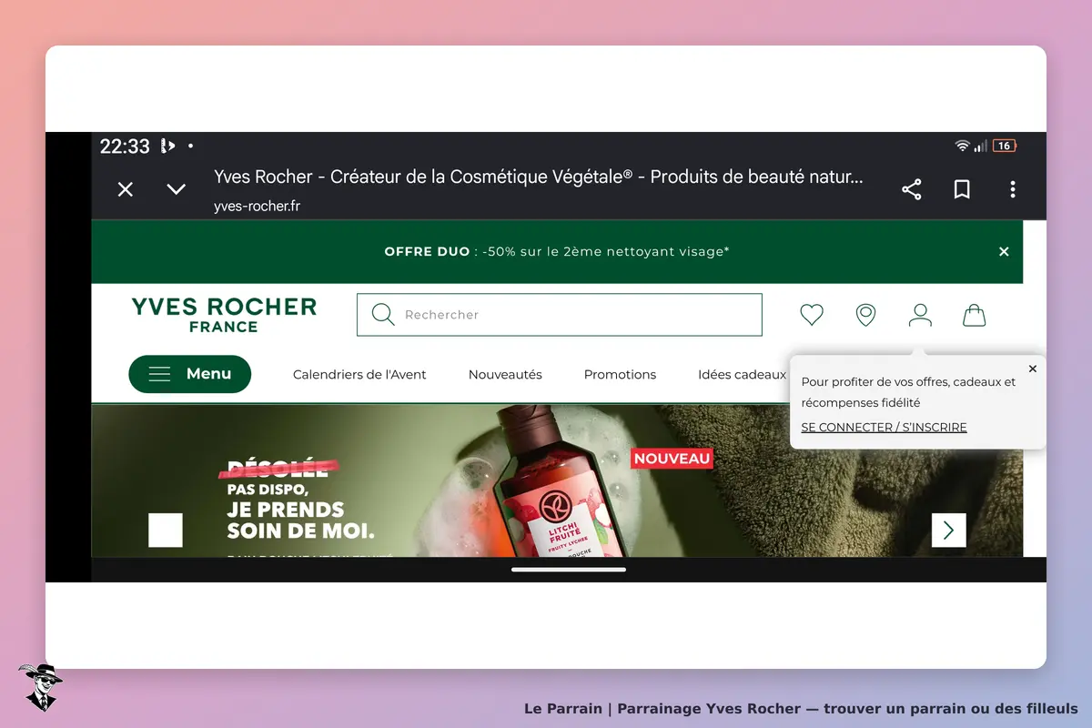 Yves Rocher : page d'accueil avec un produit cosmétique et un message de connexion