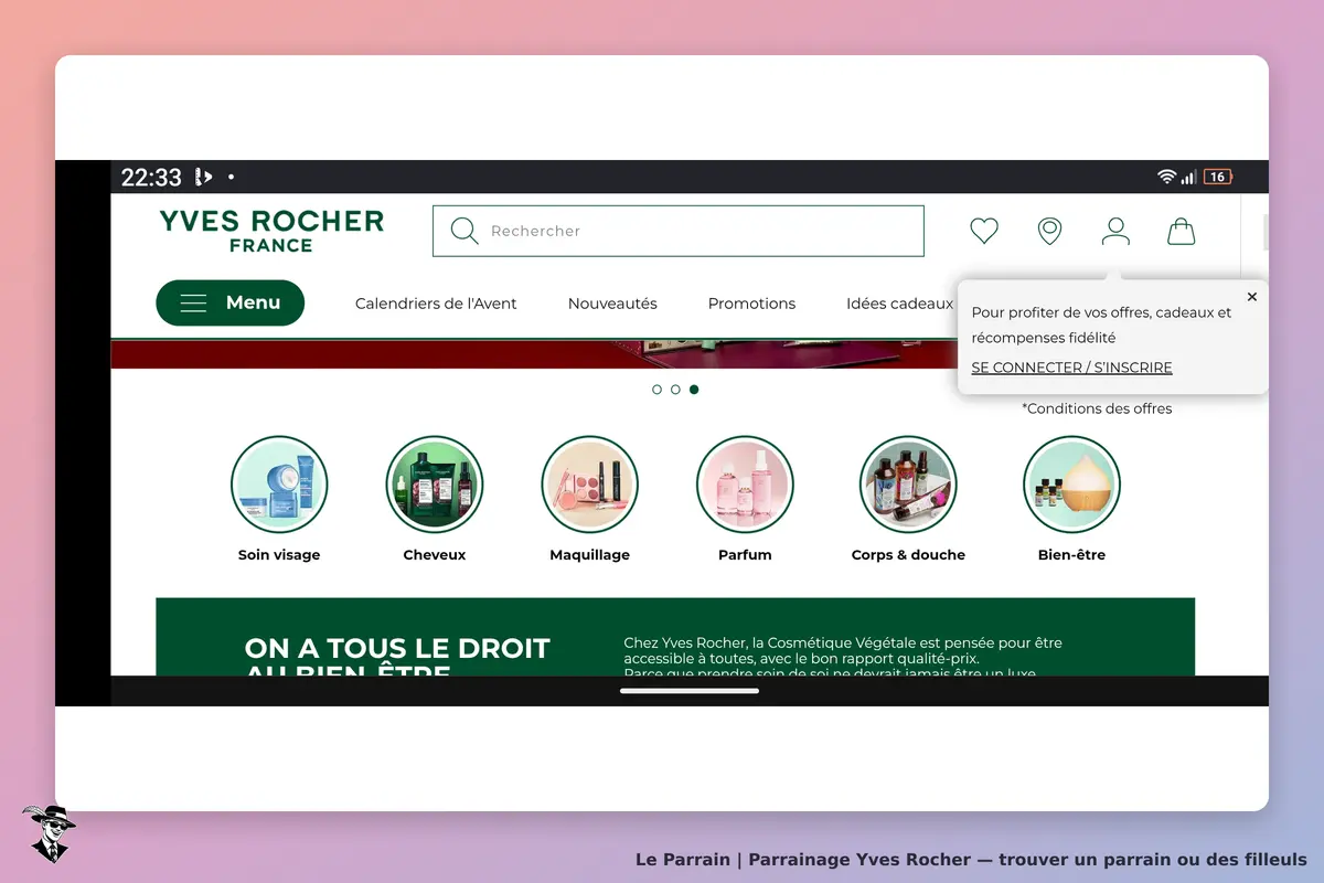 Yves Rocher : page d'accueil avec catégories de produits et options de connexion en haut