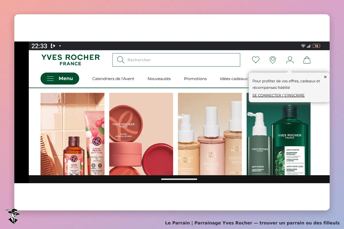 YVES ROCHER : page d'accueil avec divers produits cosmétiques et un menu de navigation