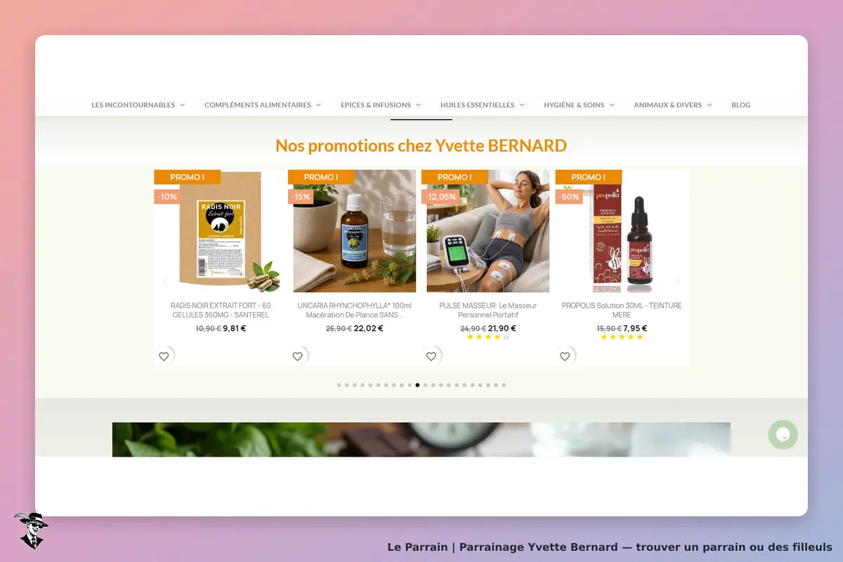 Yvette Bernard : promotions sur divers produits de santé et bien-être affichés sur la page