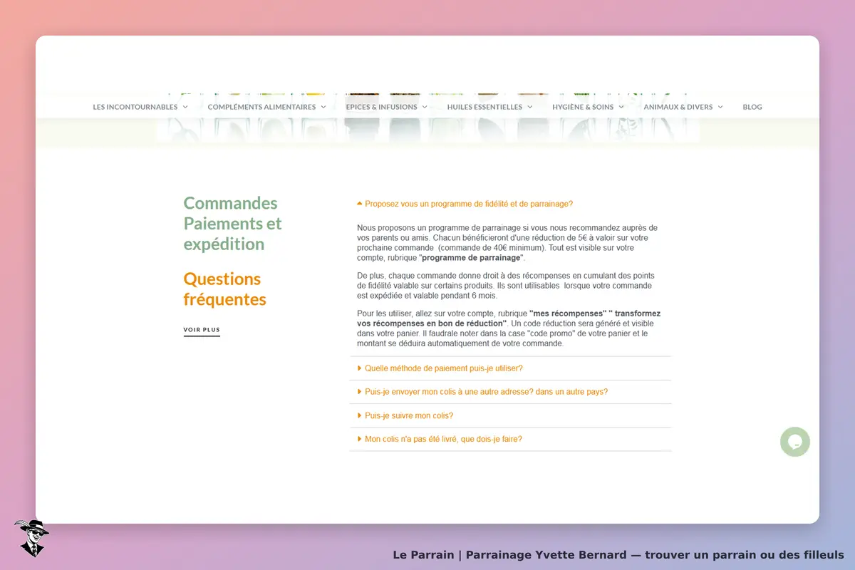 Yvette Bernard : section FAQ sur commandes, paiements et programme de parrainage