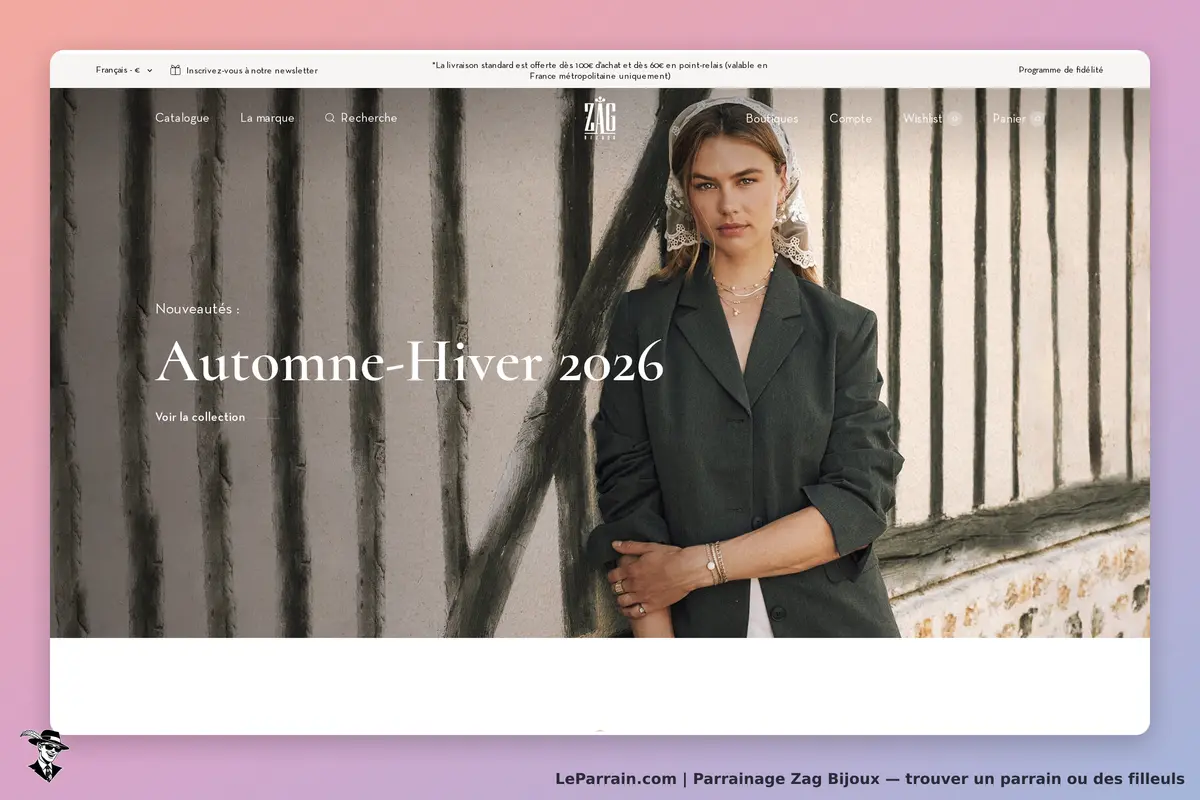 Zag Bijoux : page d'accueil avec modèle portant des bijoux, annonce Automne-Hiver 2026