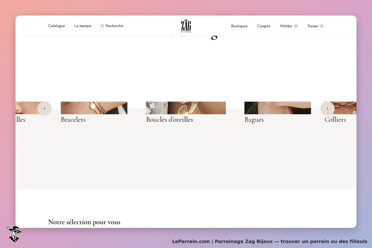 Zag Bijoux : page d'accueil avec catégories de bijoux affichées sous forme de vignettes