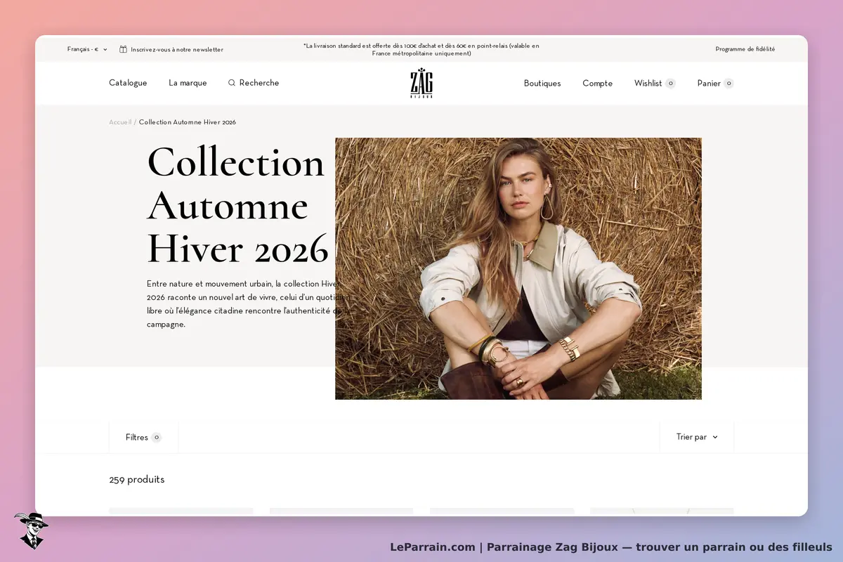 Zag Bijoux : zAG : page de la collection Automne Hiver 2026 avec une image de modèle et description
