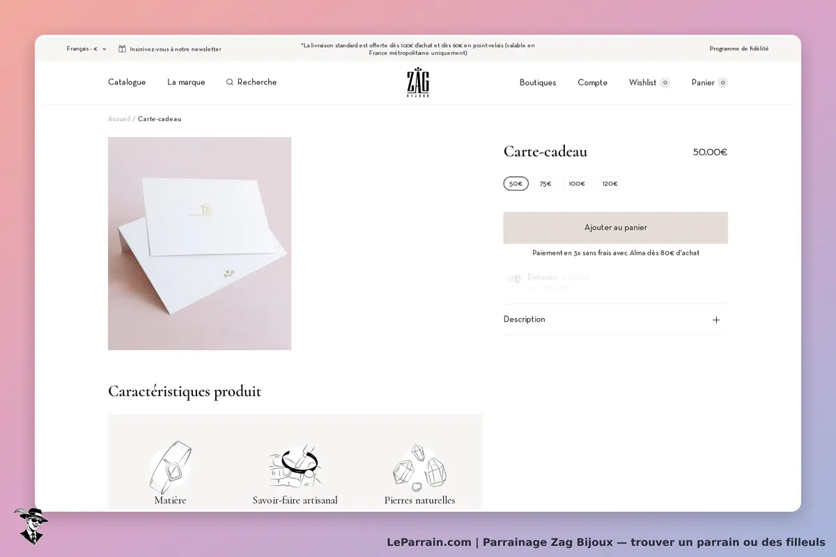 Zag Bijoux : carte-cadeau présentée sur fond rose avec options de montant et caractéristiques