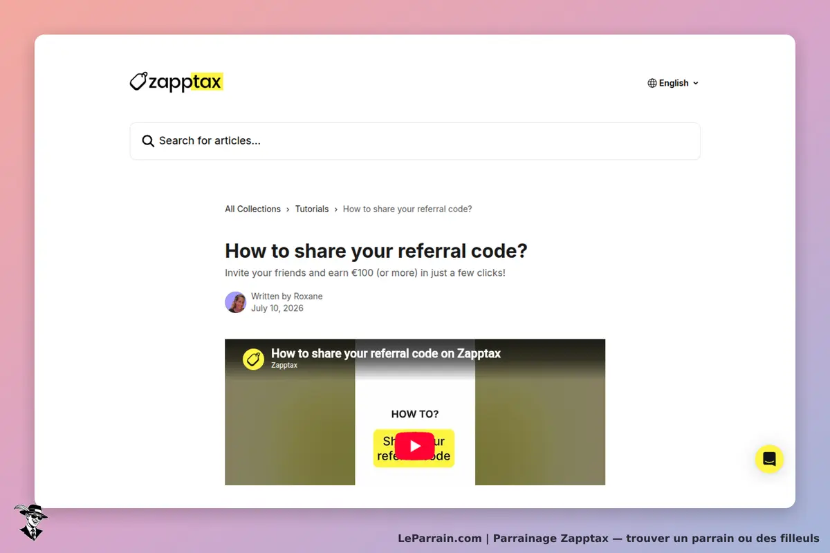 Zapptax : page de tutoriel sur le partage de code de parrainage avec une vidéo explicative
