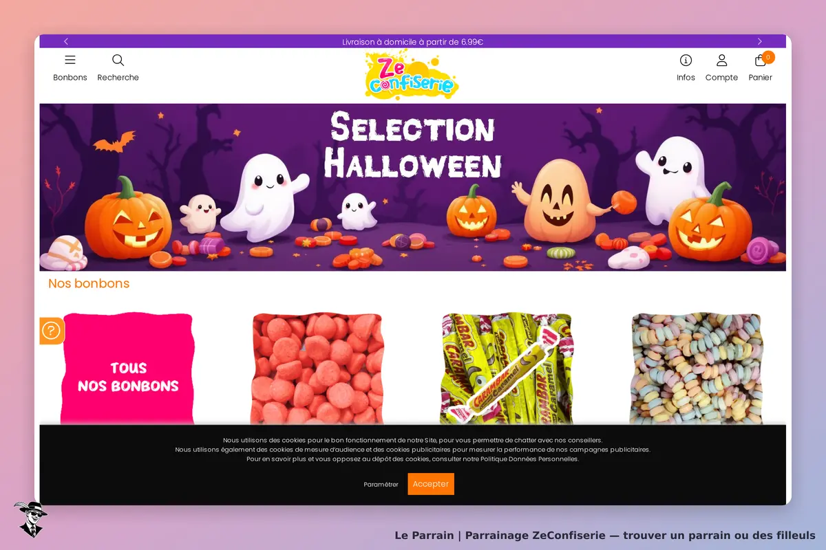 ZeConfiserie : page d'accueil avec sélection Halloween et divers bonbons colorés affichés
