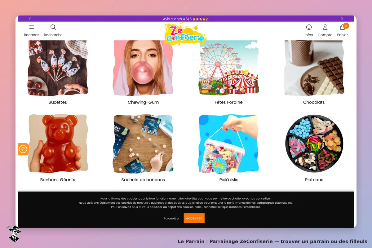 ZeConfiserie : page d'accueil avec diverses catégories de bonbons et images colorées