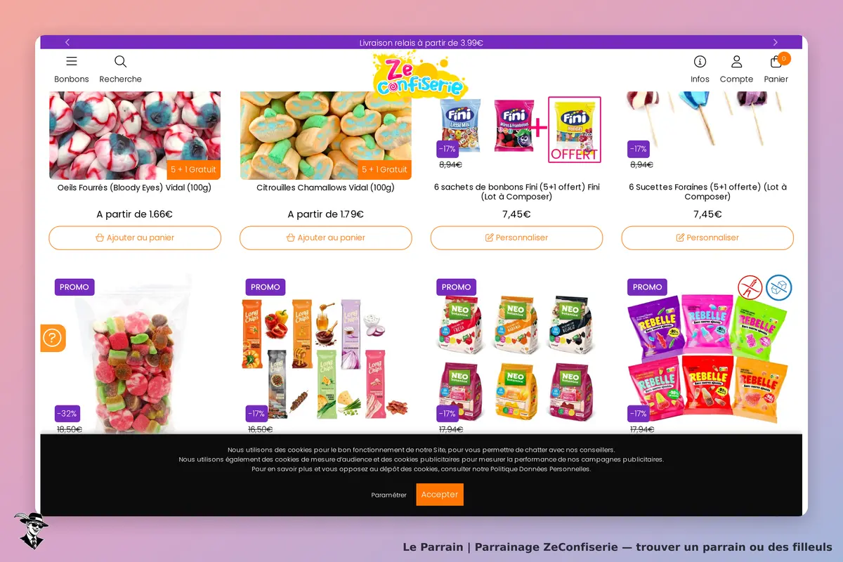 ZeConfiserie : page d'accueil avec divers bonbons colorés et options d'ajout au panier