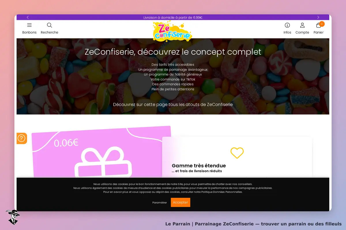ZeConfiserie : page d'accueil avec des bonbons colorés et des informations sur le service